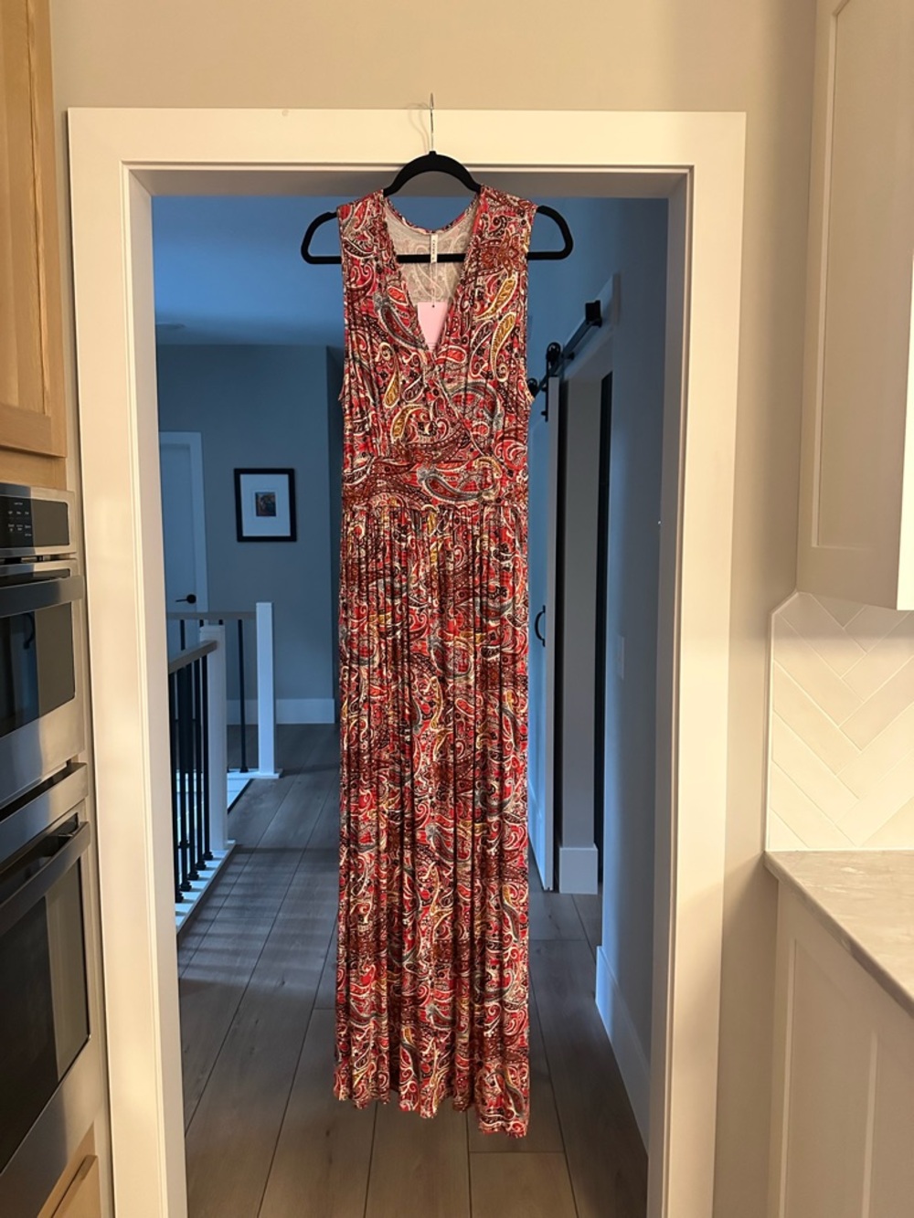 Red Paisley Sleeveless Maxi Dress with V-Neck